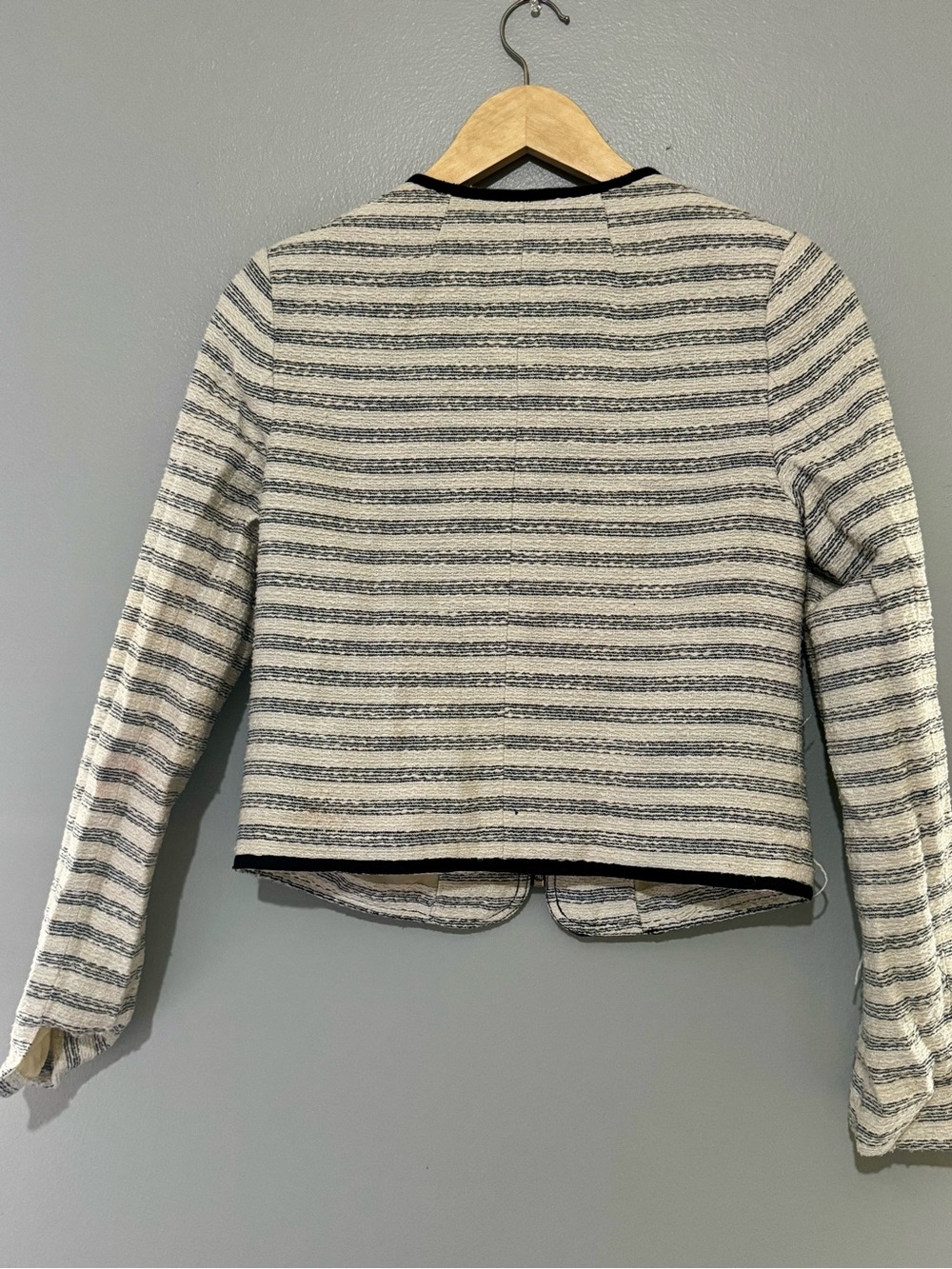 American Eagle Tweed Preppy Black and White Striped Zip-Front Blazer Jacket - Picture 4 of 5